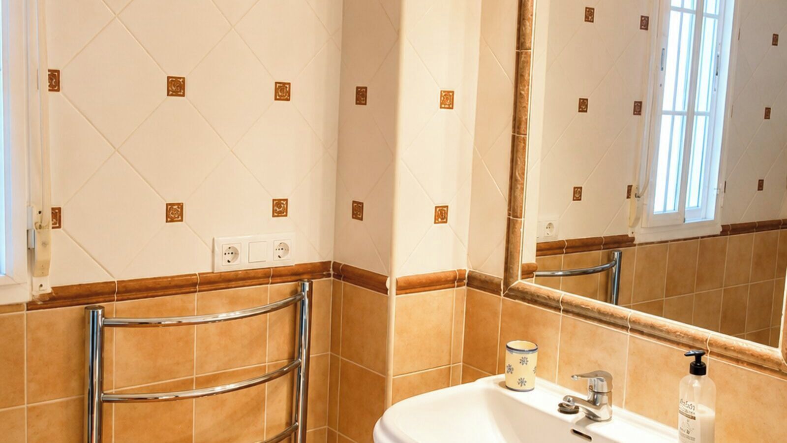 Ein Badezimmer mit Waschbecken, Spiegel und Haltegriffen.