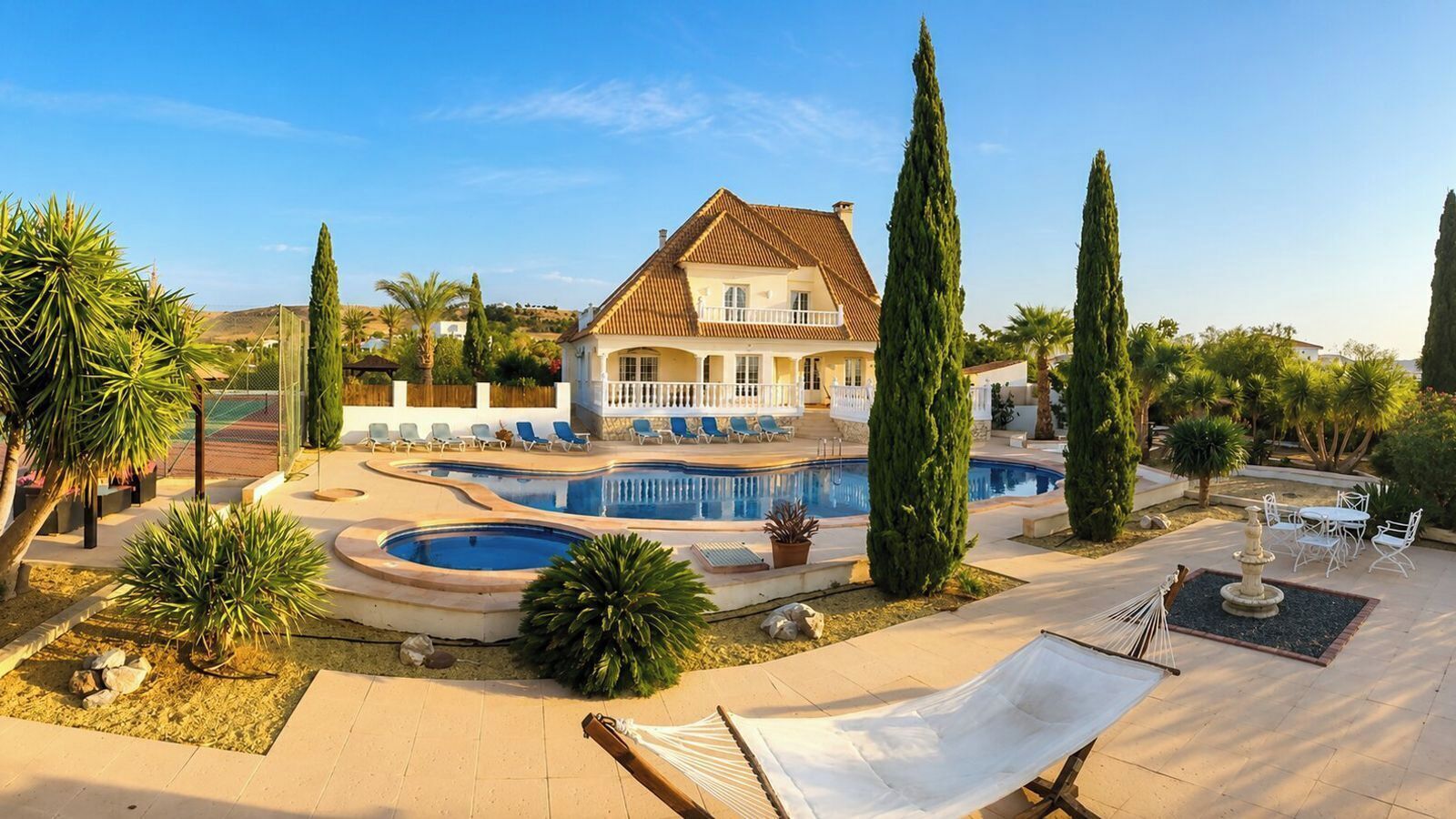 A house with a swimming pool, outdoor seating, and a garden.