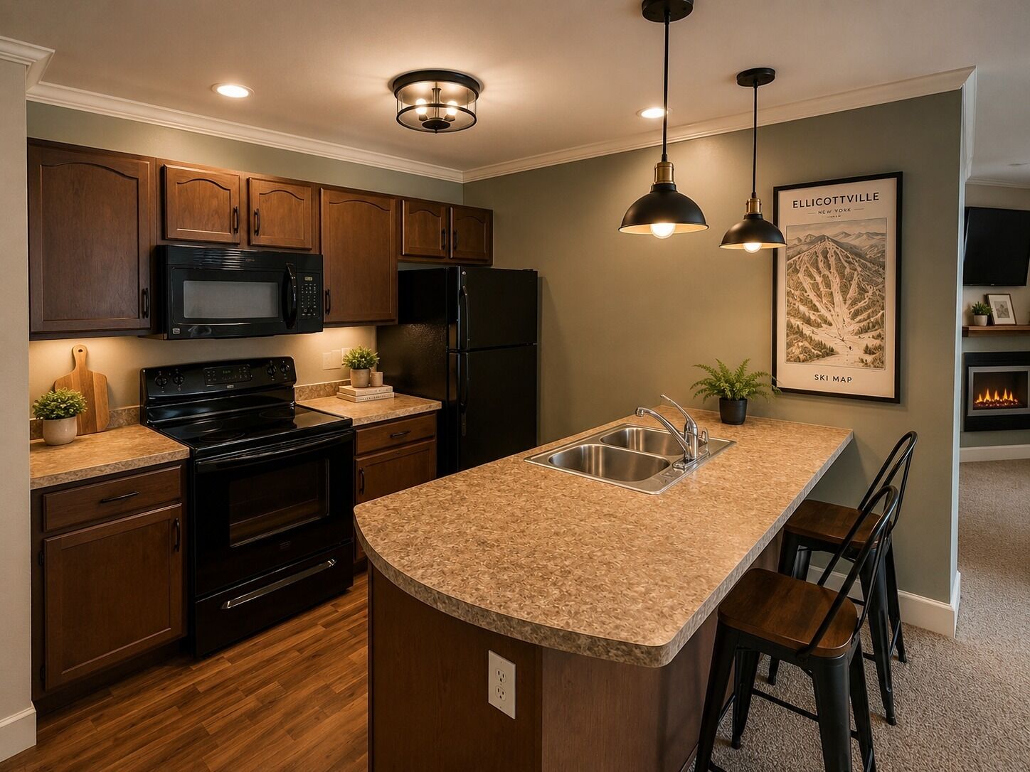 Full-size fridge, microwave, oven, stovetop