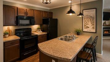 Full-size fridge, microwave, oven, stovetop