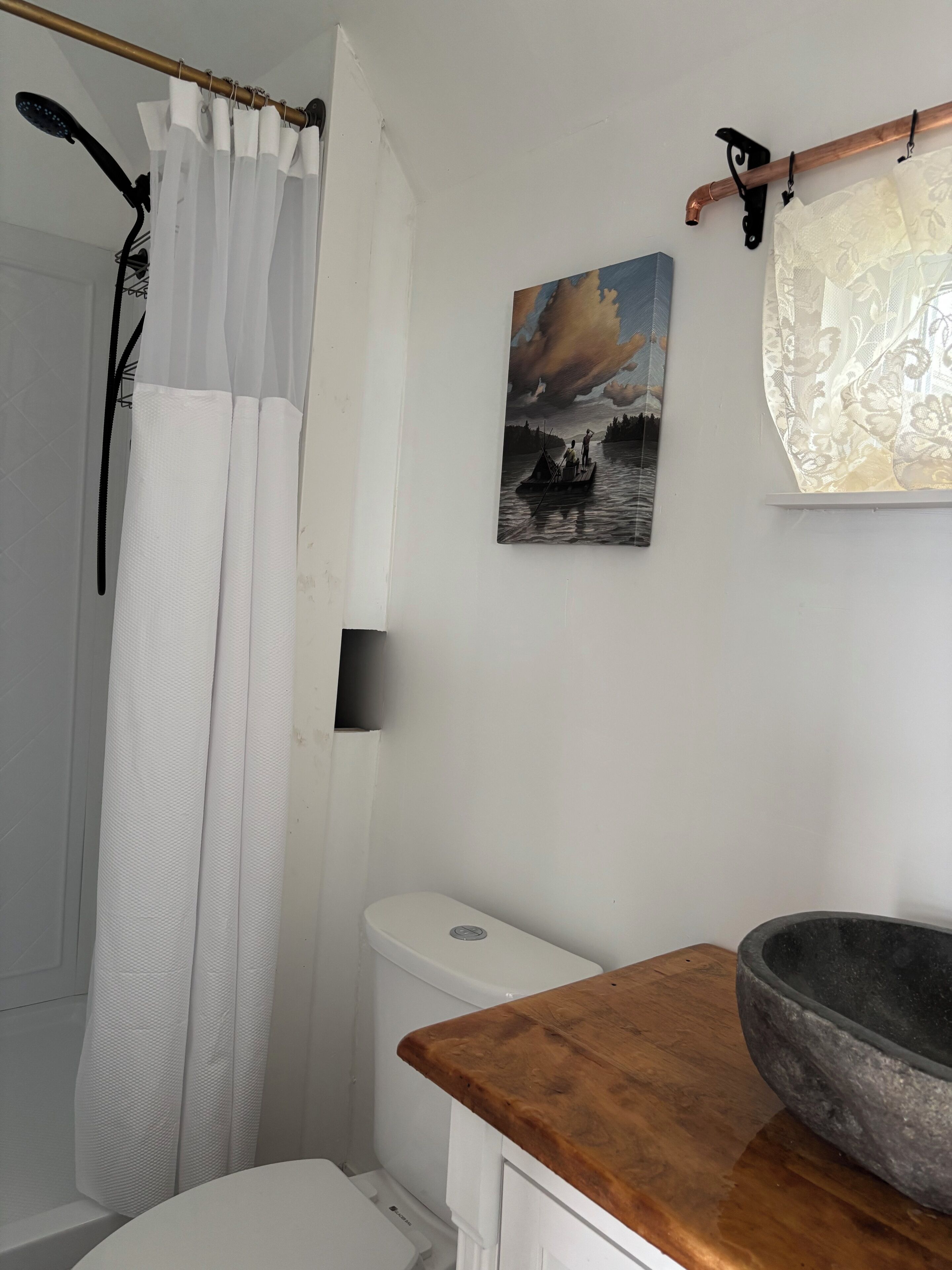 Une salle de bain avec des toilettes, un plan de travail en bois, un rideau de douche et un tableau accroché au mur.