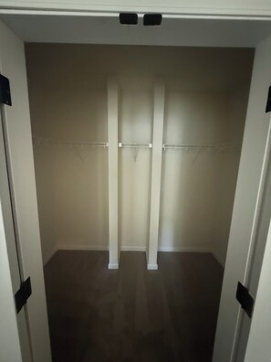 A walk-in closet with a mirrored closet rod and a white door.