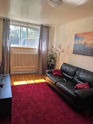 Ein Wohnzimmer mit Ledersofa, rotem Teppich, Heizkörper und einem fenster mit Vorhängen.