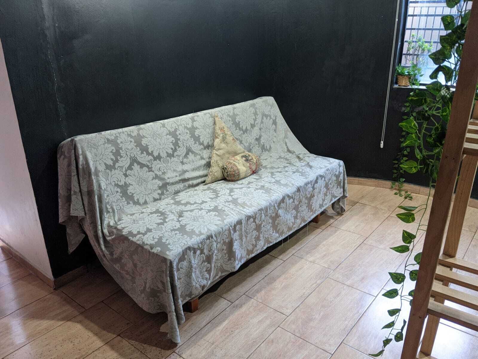 A sofa with a patterned cover, a cushion, and a plant beside it.