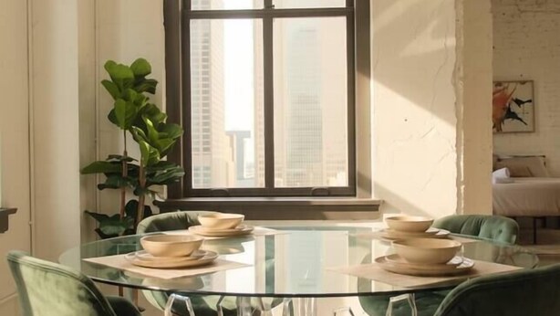 A dining area with a glass table, green chairs, and a view of buildings through a large window. - Top-Floor Downtown Penthouse - Terrace - 2,500 Sq - Gym+Pool+Dedicated Workplace (Dallas)