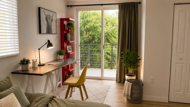 A bedroom with a bed, a desk, a chair, a wardrobe, and a balcony with a view of greenery. - Bright Modern Room w/ Balcony Access (Miami)