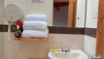 Shower, towels, soap, shampoo