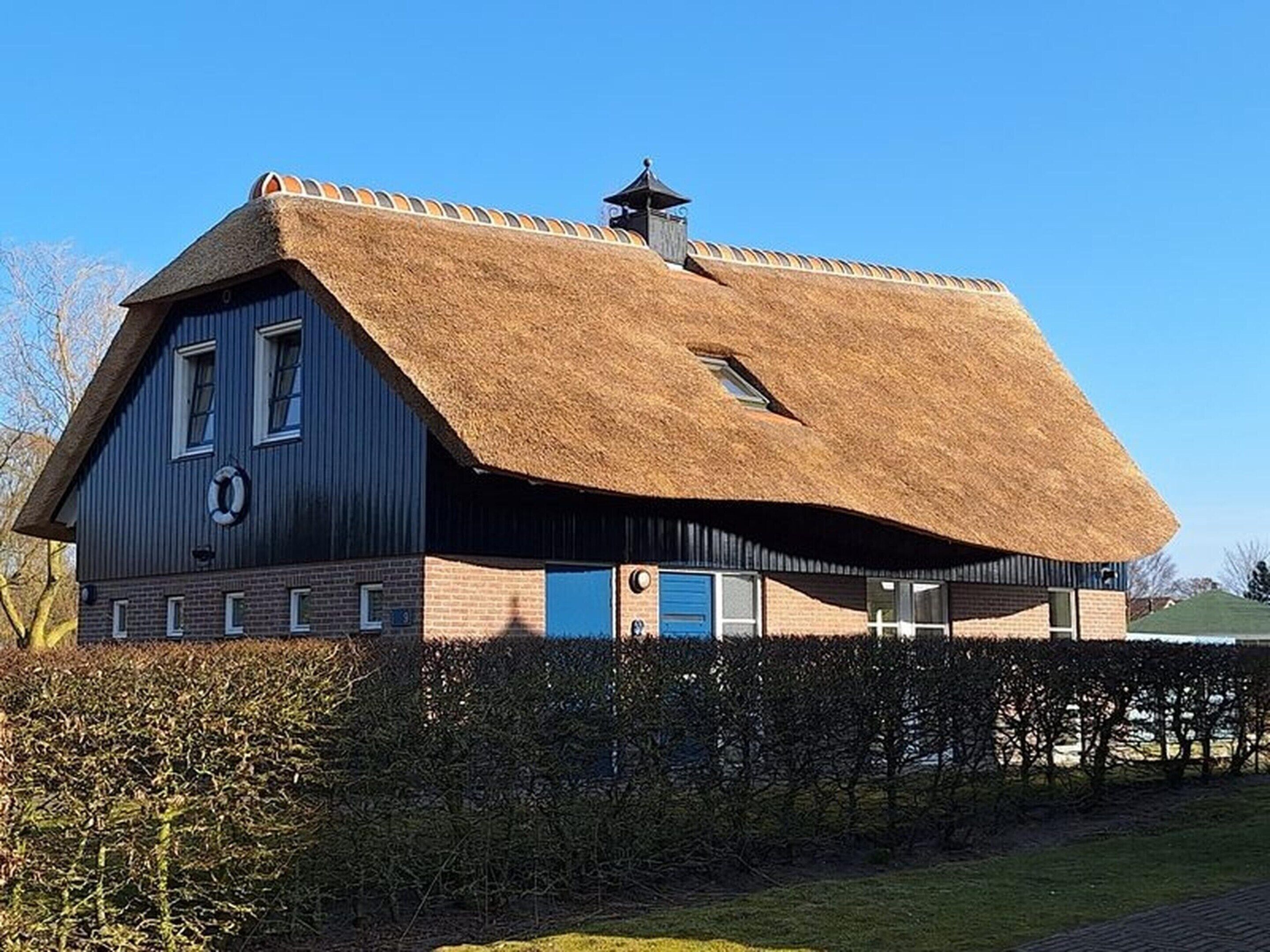 A two-story house with a steeply pitched thatched roof, a visible chimney, and a blue door.