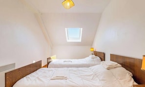 A room with two beds, a skylight, and a ceiling light fixture. - Renovated house between Sables-d’Or and Cap Fréhel | 8 guests | Ref 215 (PLURIEN)