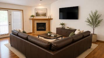 Smart TV, fireplace, books