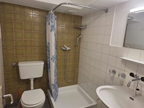 A bathroom with a toilet, shower, and sink. - Casa Fasciati Appartement/Fewo, Dusche, WC, 2 Schlafräume by Interhome (Bivio)