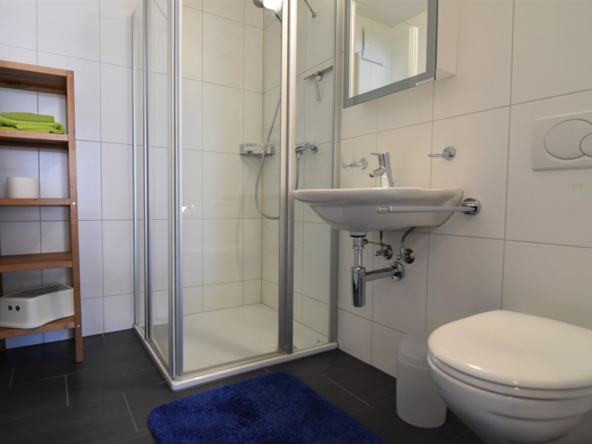 A bathroom with a glass shower enclosure, a sink with a mirror, a toilet, and a blue rug on the floor.