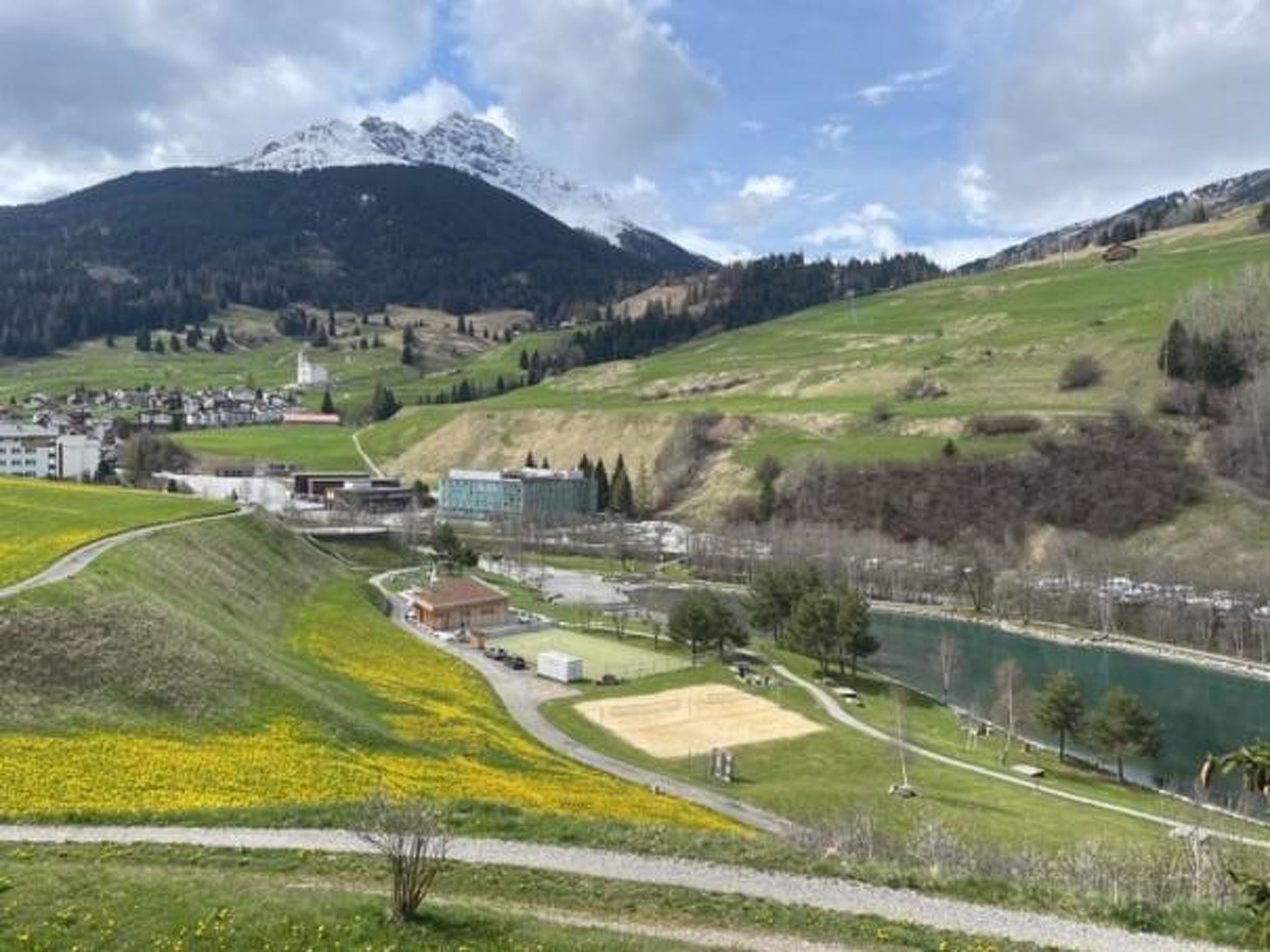 A mountainous landscape with a town, a river, and a field of yellow flowers.