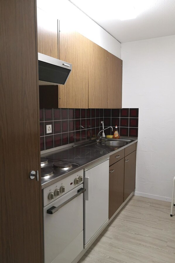 Cocina compacta con estufa, lavamanos y armarios de madera.