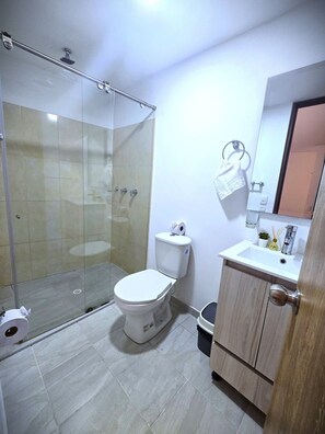 Ein Badezimmer mit Duschkabine aus Glas, Toilette, Waschbecken mit Spiegel und einem Holzschrank.