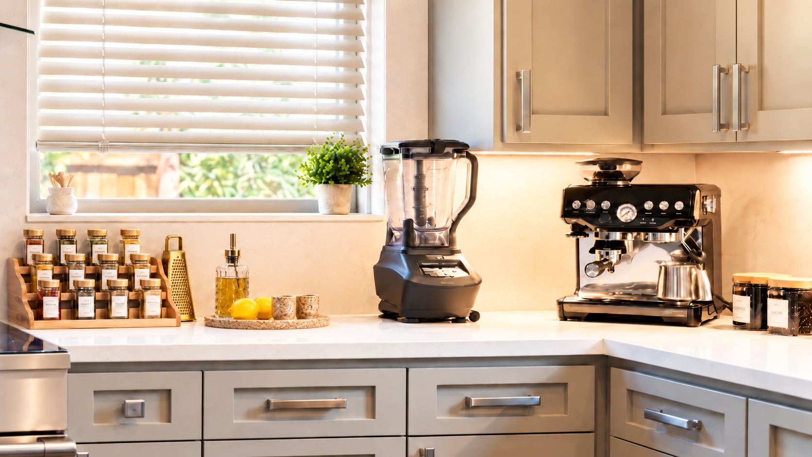 Une cuisine équipée d’un mixeur, d’une machine à café et de divers ustensiles de cuisine disposés sur le plan de travail.