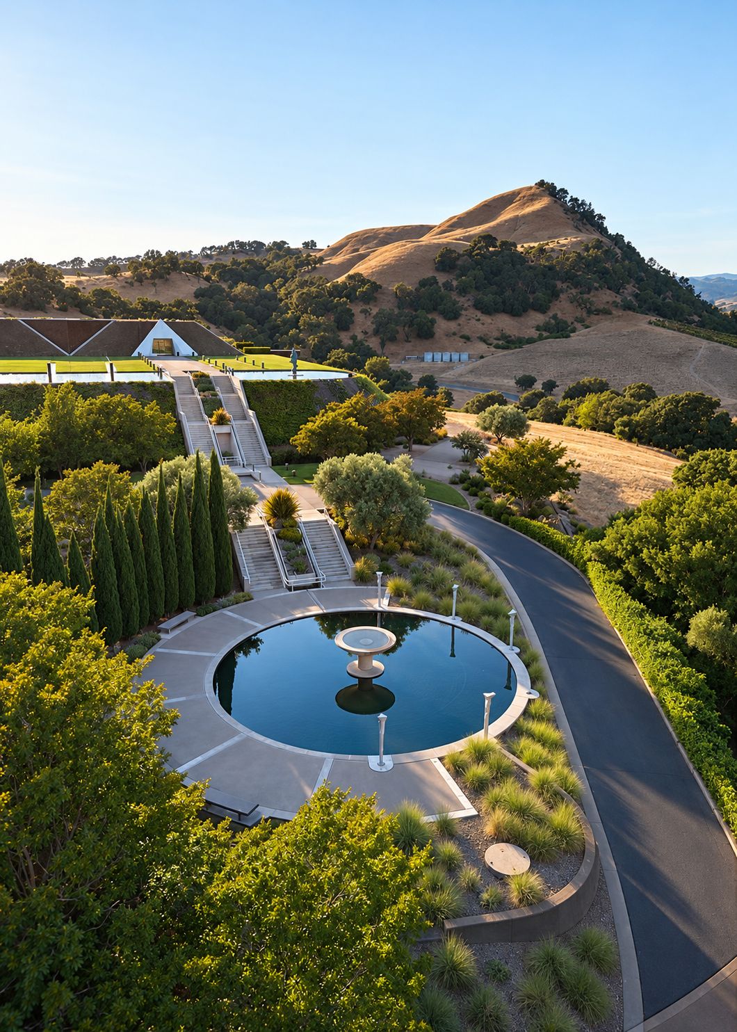 A landscaped area with a circular pool, a pathway, and a building with a triangular roof in the background.