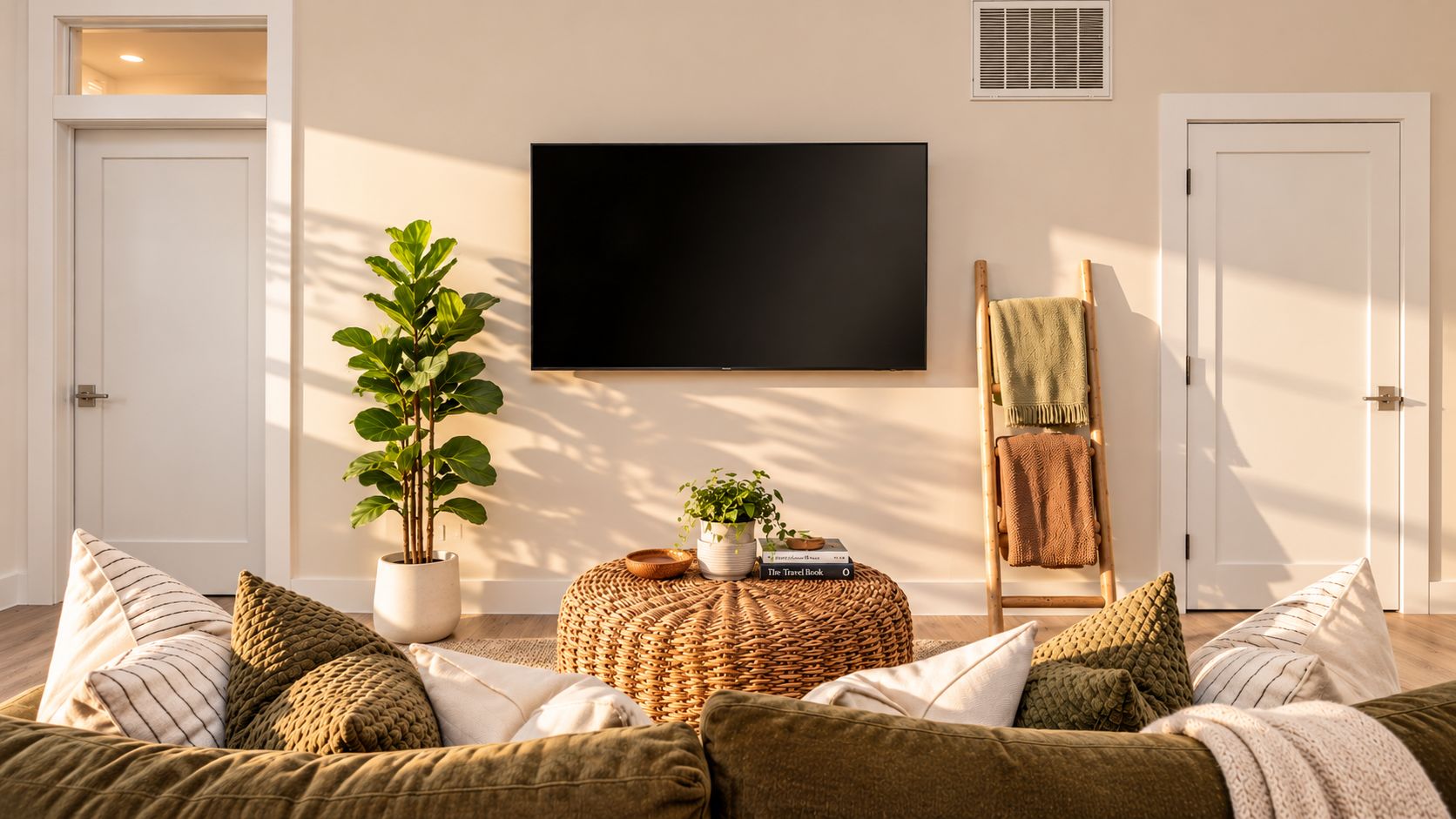 A living room with a flat-screen TV mounted on the wall, a potted plant, a woven ottoman, and a wooden chair with a blanket.