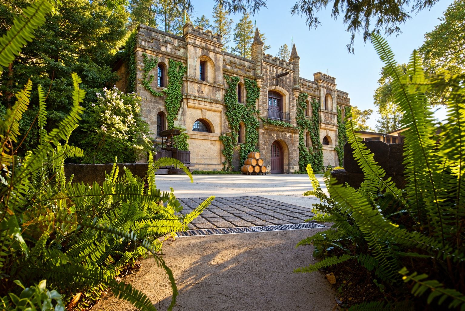 A stone building with arched windows and ivy growth, surrounded by lush greenery and a paved path.