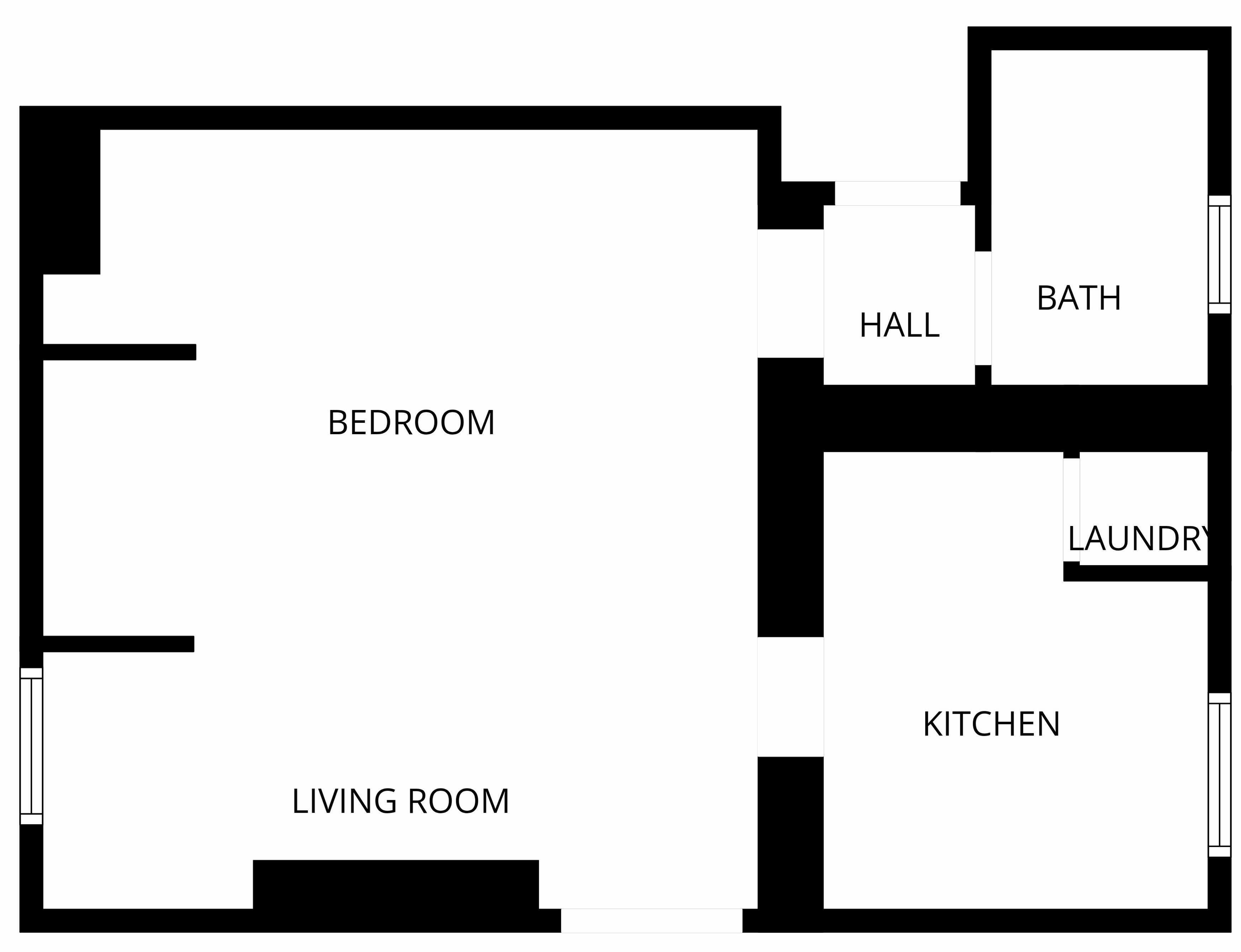 A floor plan with a bedroom, living room, hall, bathroom, laundry, and kitchen.