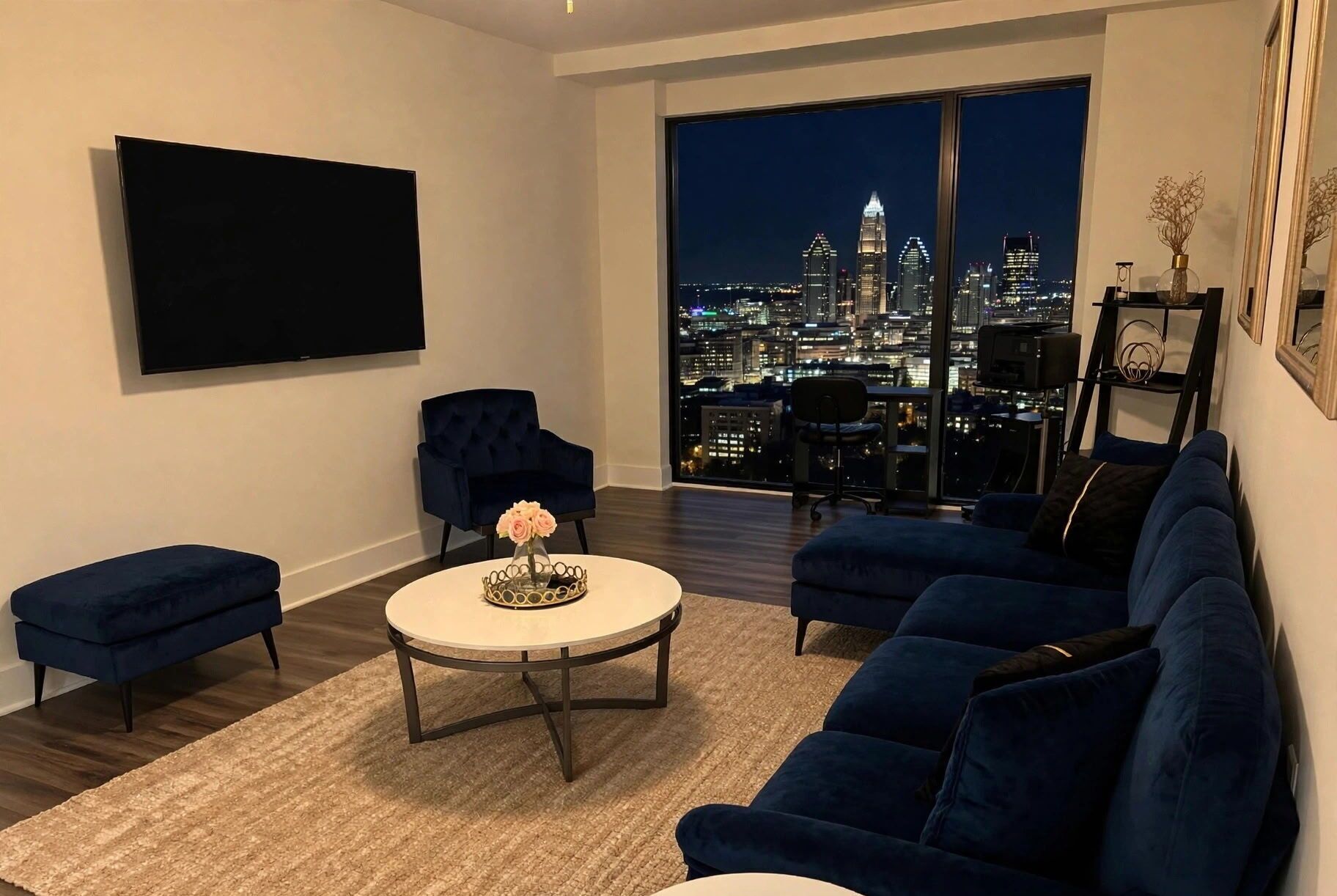 Un salon moderne avec vue sur la ville, un téléviseur à écran plat, une table basse ronde et des canapés bleus.