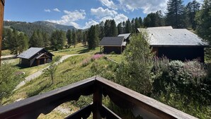 Une cabane en bois, surmontée d’un toit en métal, entourée d’une forêt et bordée par une chaîne de montagnes.