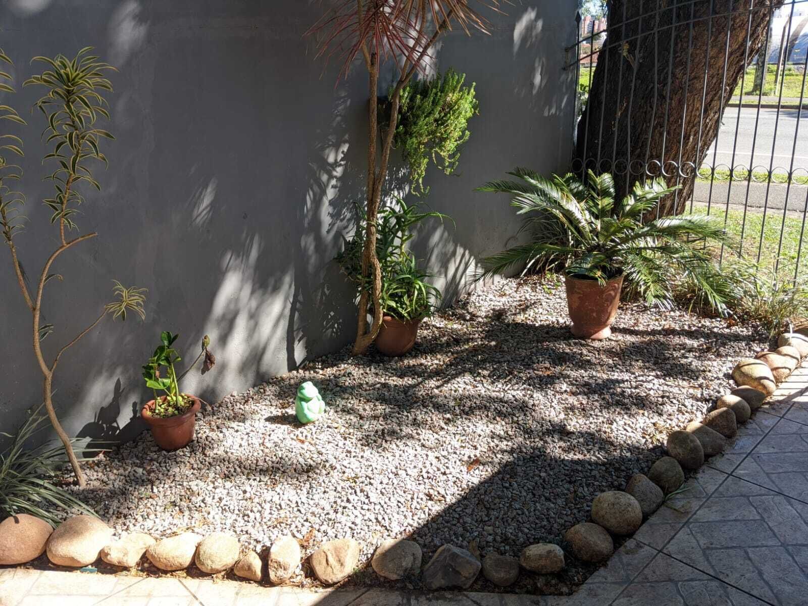 Un jardín con plantas en macetas, suelo de grava y cerca de metal.
