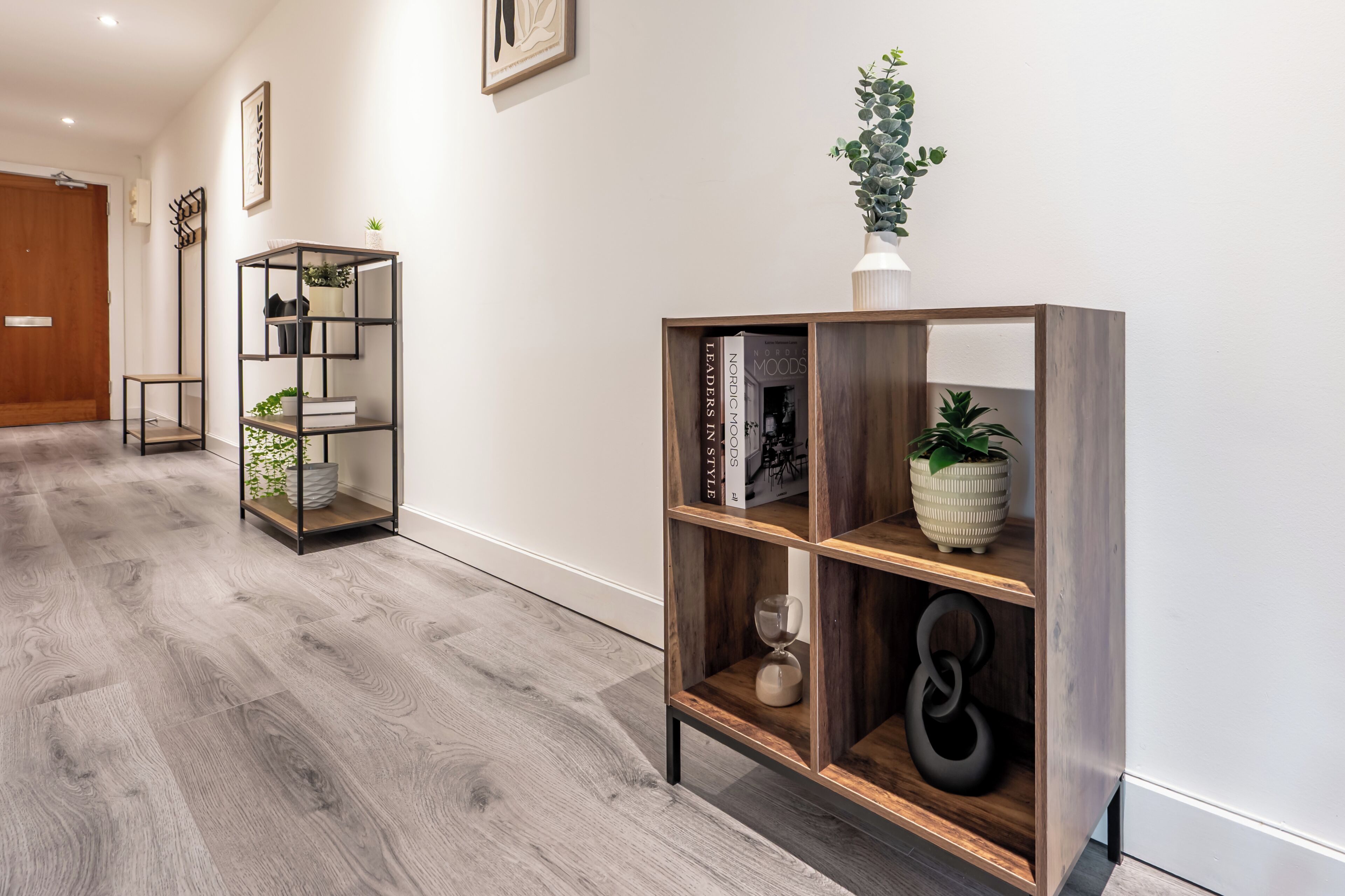 A hallway with a wooden floor, a metal-framed shelving unit with books and decorative items, and a potted plant.