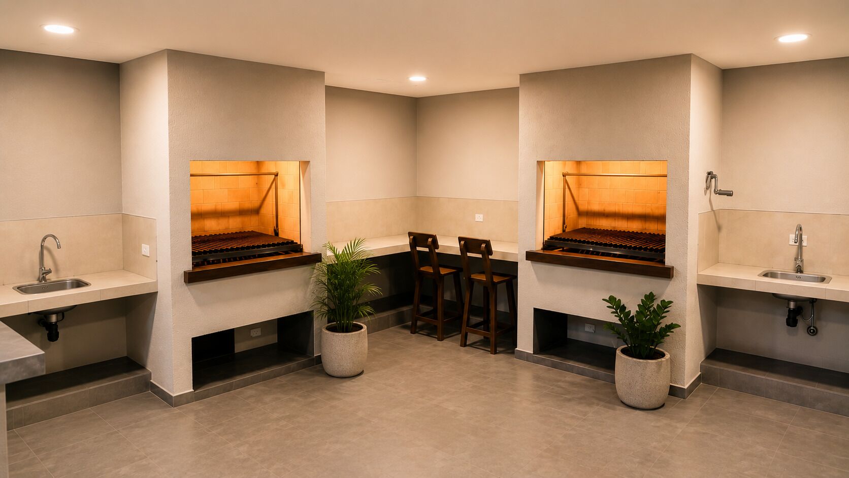 Ein modernes Badezimmer mit zwei Waschbecken, einer Sitzecke und einem integrierten Kamin.