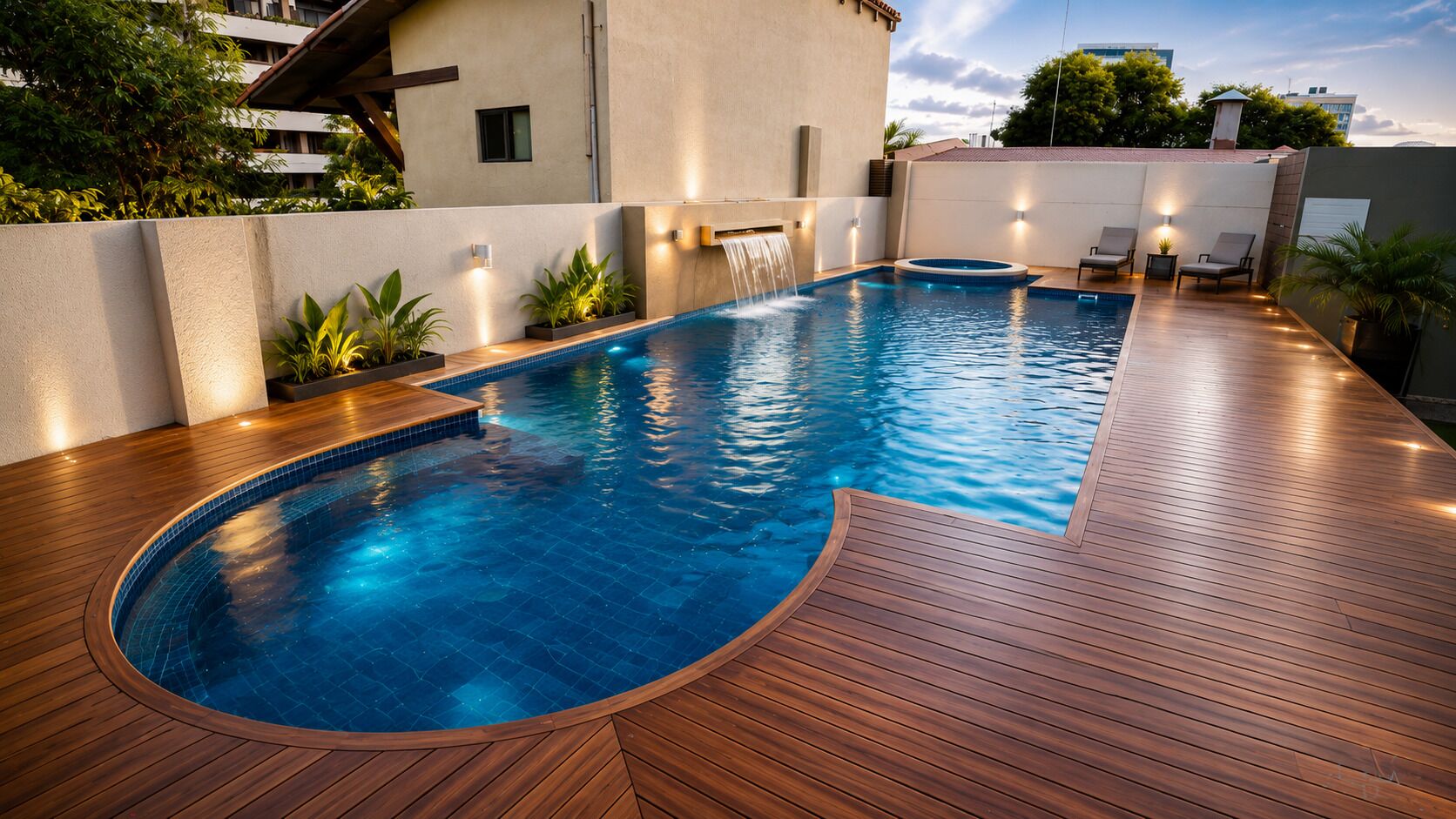 Una piscina con cubierta de madera, rodeada de muros y plantas.