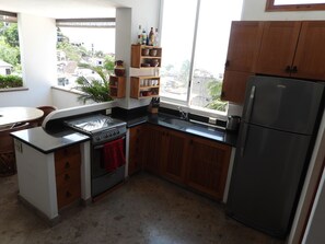 Eine Küche mit Herd, Backofen, Spüle und Kühlschrank. Ein Fenster bietet Blick auf Gebäude und Grünflächen.