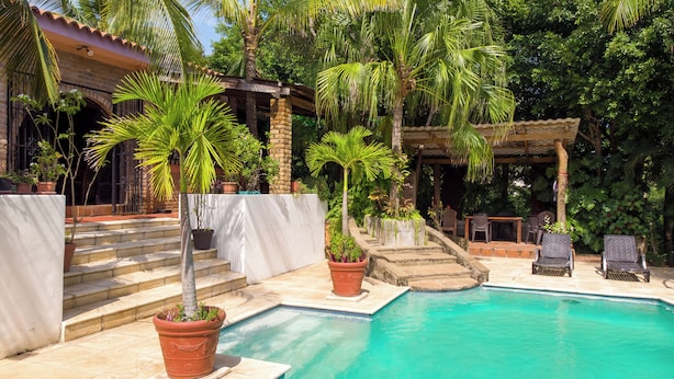 A pool area with steps leading to a covered seating area, surrounded by lush greenery and potted plants. - Waves Sunzal (Tamanique)
