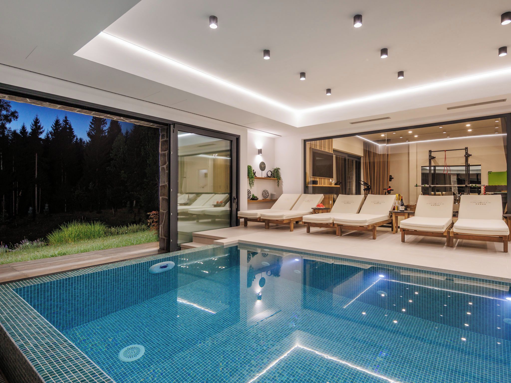 A modern indoor swimming pool with clear blue water, surrounded by lounge chairs and a glass wall offering a view of a forest.