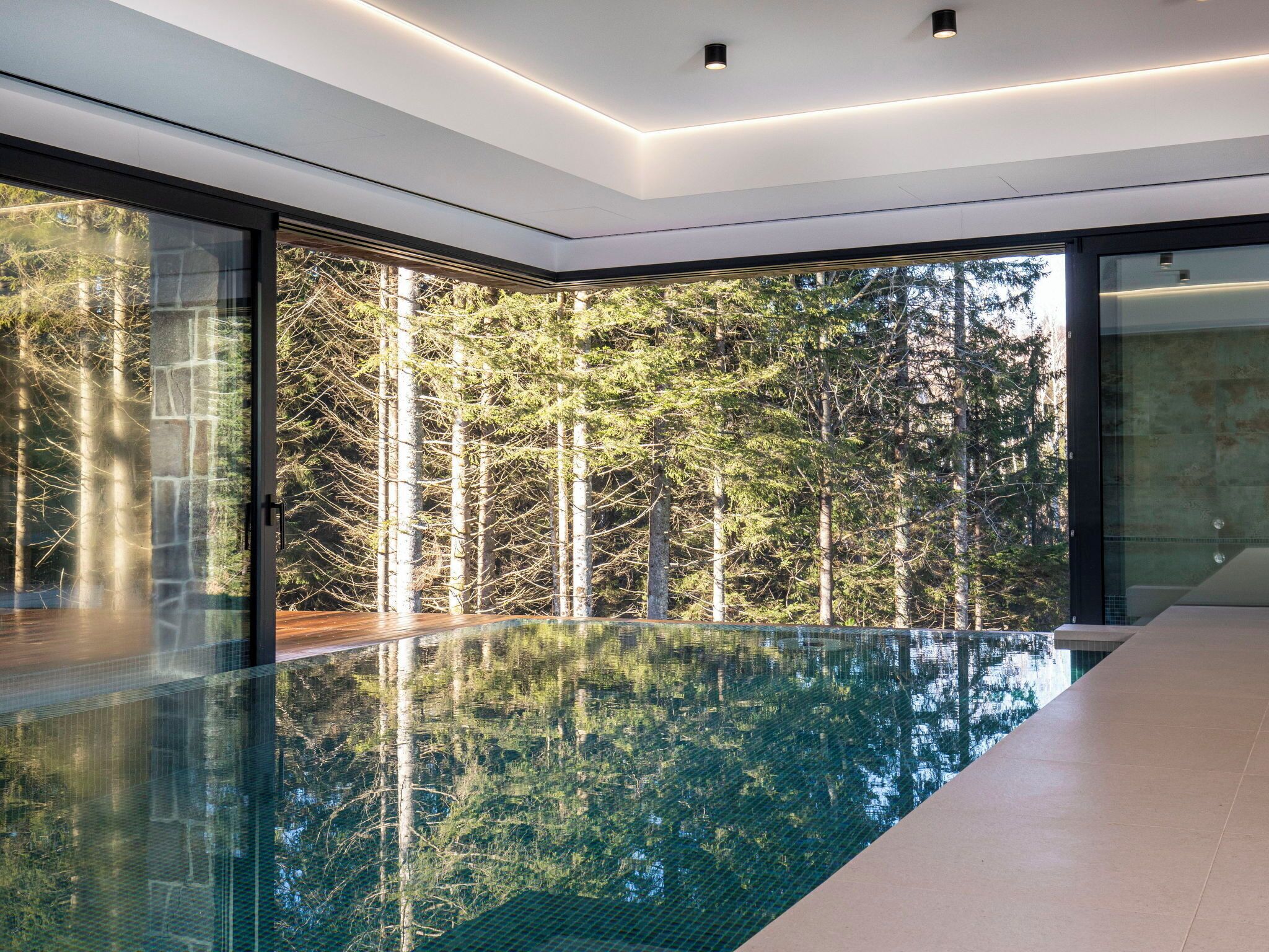 Un interior moderno con una piscina de cristal que refleja árboles.