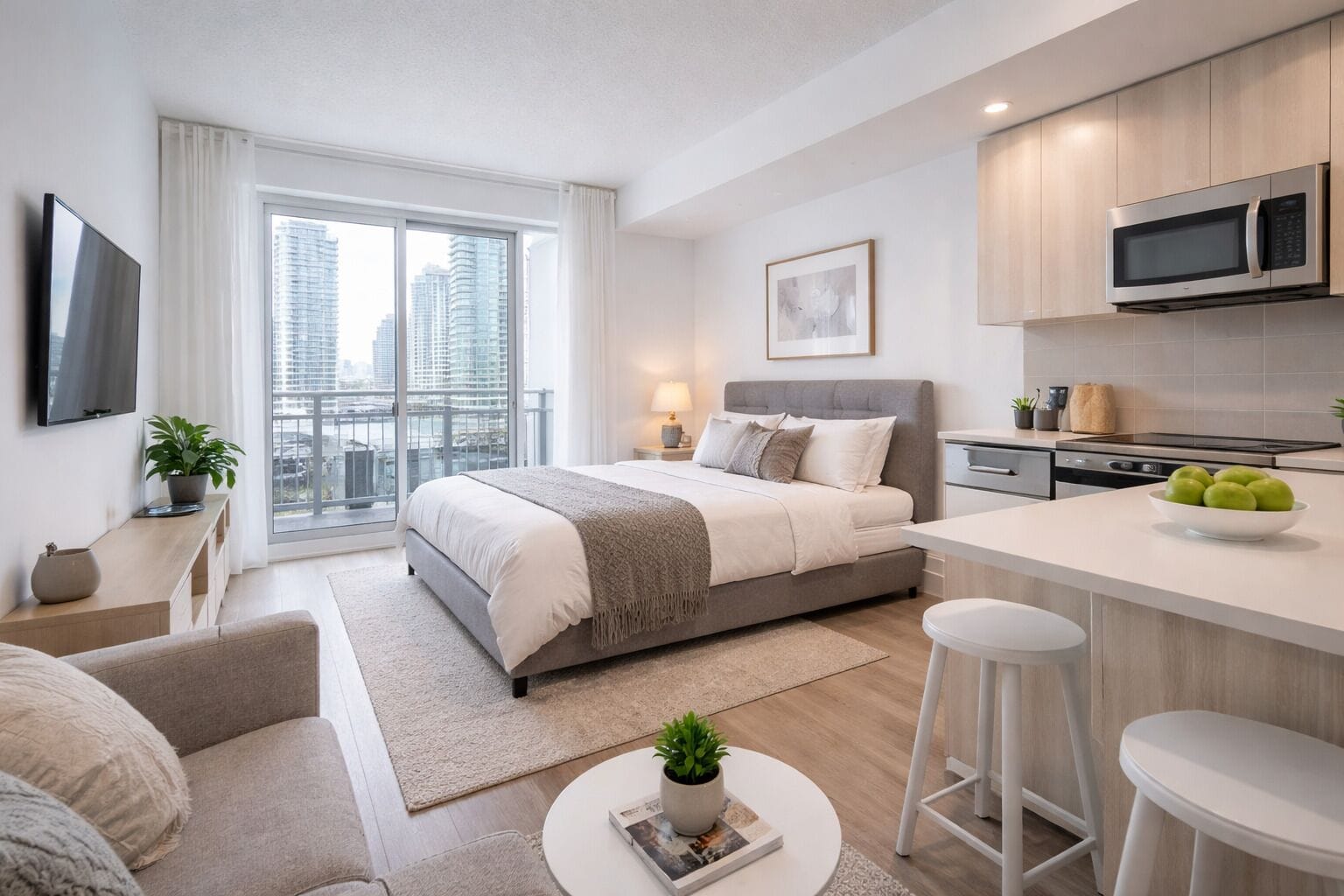 Une chambre d’hôtel moderne dotée d’un grand lit, d’un coin cuisine, d’une table à manger et d’un téléviseur.