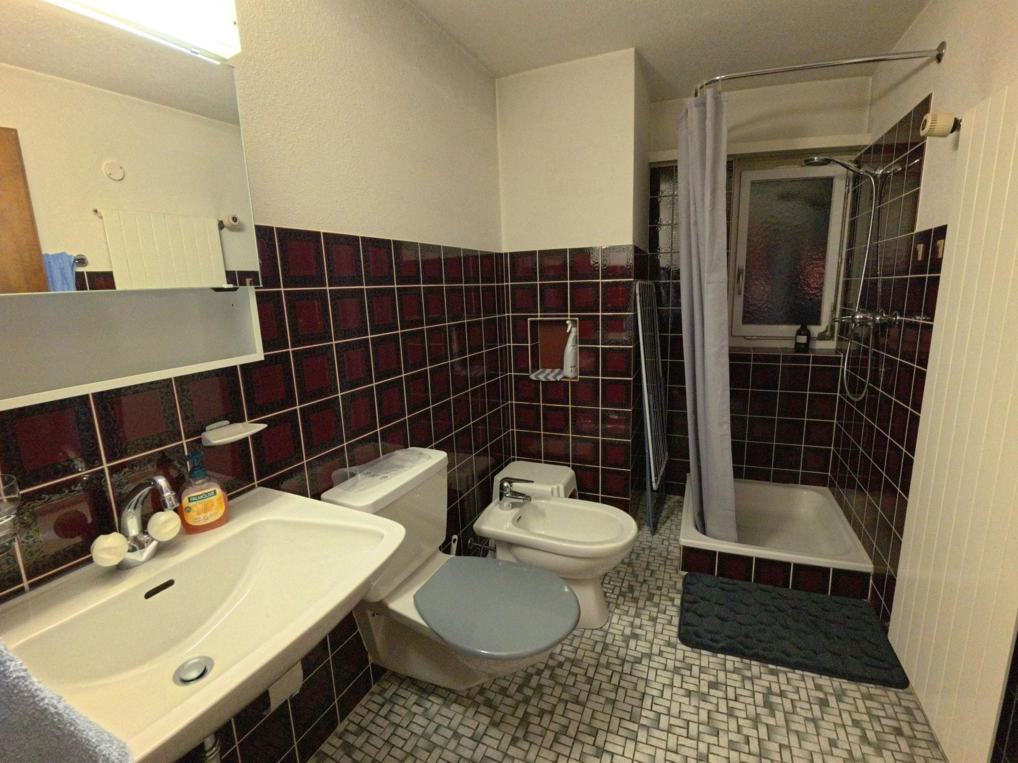 Un baño con lavamanos, inodoro y ducha.