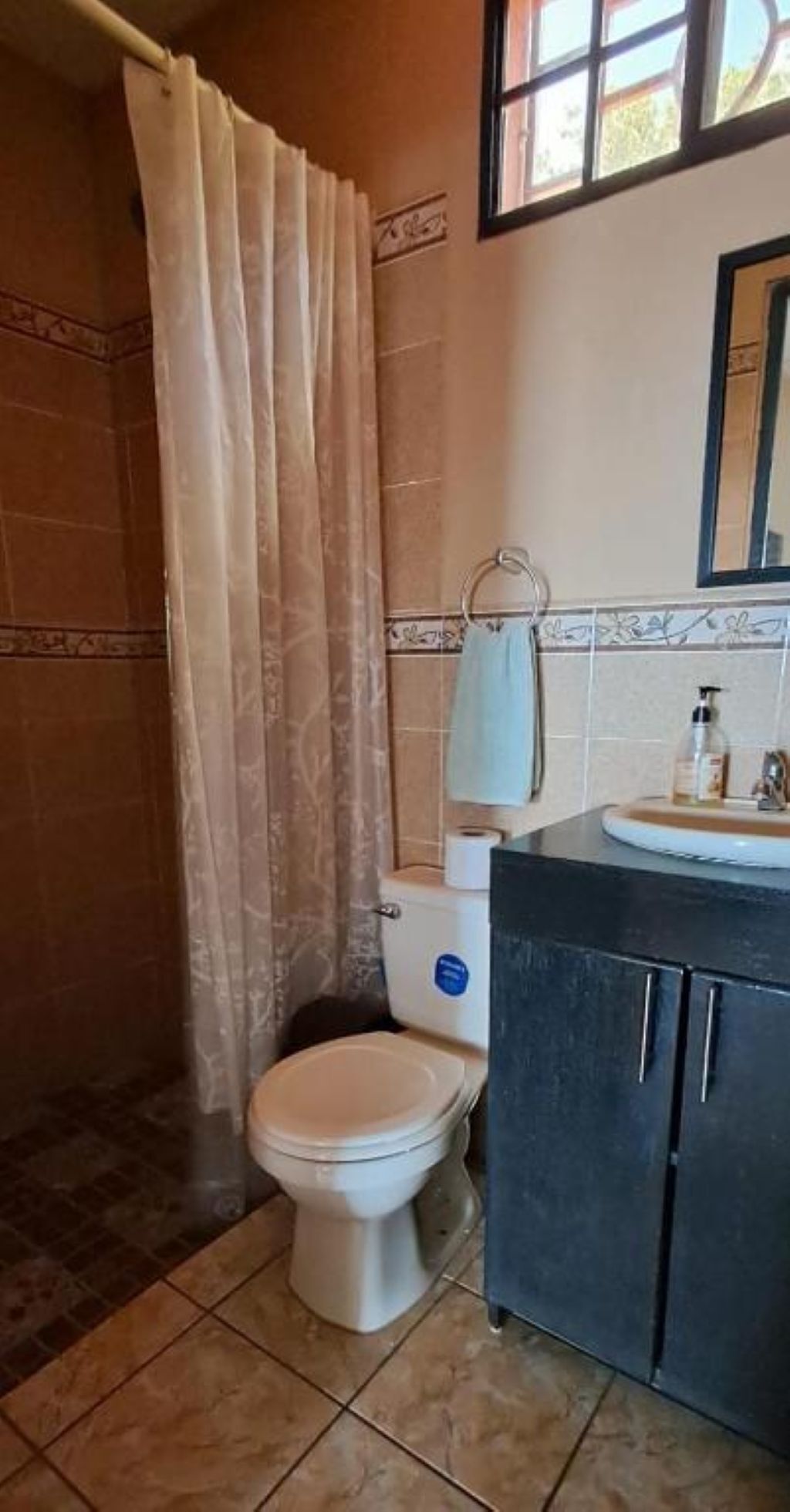 Une salle de bain avec des toilettes, un lavabo et un rideau de douche.