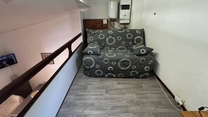 Un dormitori amb un llit, un calefactor, un televisor fixat a la paret i una escala.