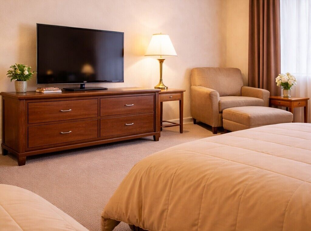 Une chambre d’hôtel équipée d’une télévision, d’une lampe, d’un canapé, d’un lit et d’une petite table sur laquelle se trouve un vase de fleurs.