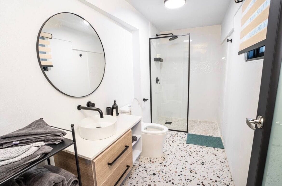 Hair dryer, towels, soap, toilet paper