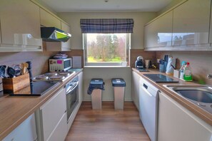 A compact kitchen with a window, microwave, stove, and sink. - Lochside Perthshire Lodge for 4 (Auchterarder)