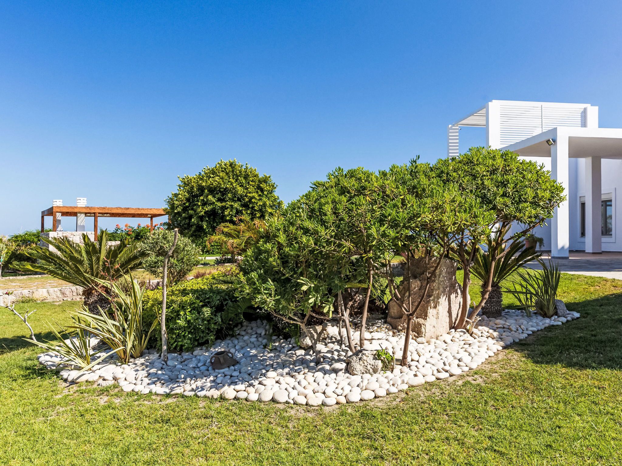 Ein angelegter Garten mit verschiedenen Bäumen und Sträuchern, ein weißes Gebäude und eine Holzpergola.
