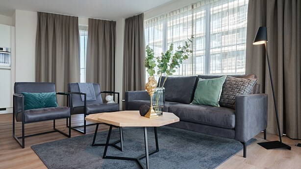 A modern living room with a grey sofa, two armchairs, a coffee table, and a floor lamp. - 4-guest Apartment in Breskens (Breskens)