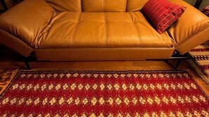 A tan leather sofa with a red patterned cushion, a red and beige patterned rug, and a window with blinds. - Spacious Craftsman Guest Suite in VA-Highland (Atlanta)