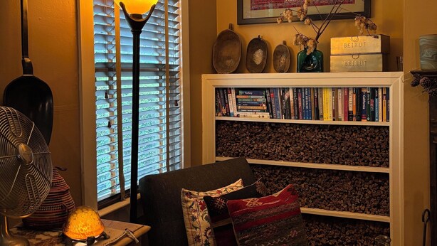 A cozy reading nook with a bookshelf, a lamp, and a window with blinds. - Spacious Craftsman Guest Suite in VA-Highland (Atlanta)