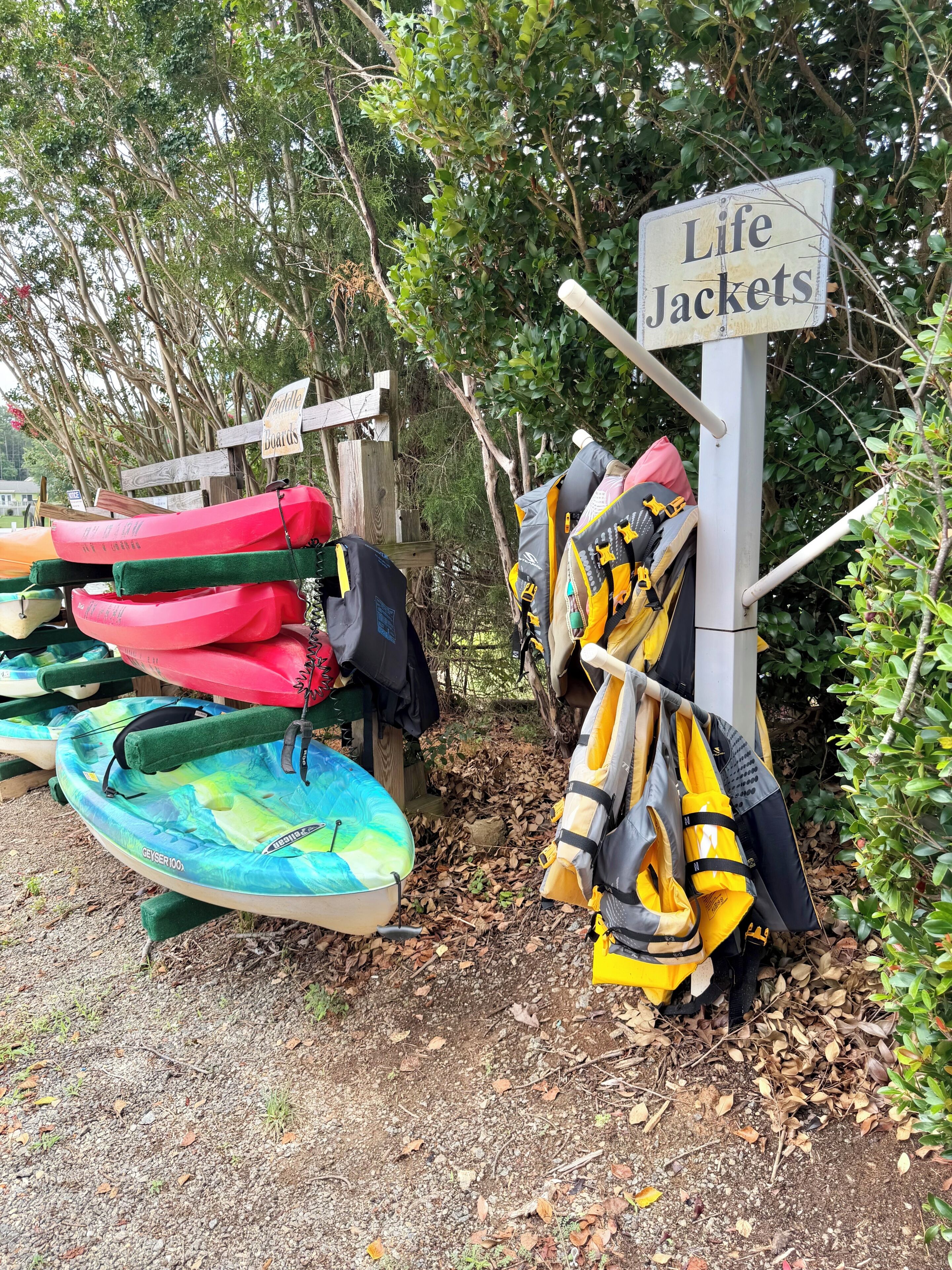 Une collection de kayaks et de gilets de sauvetage est suspendue à un porte-équipement, avec une pancarte indiquant « Gilets de sauvetage » au-dessus.