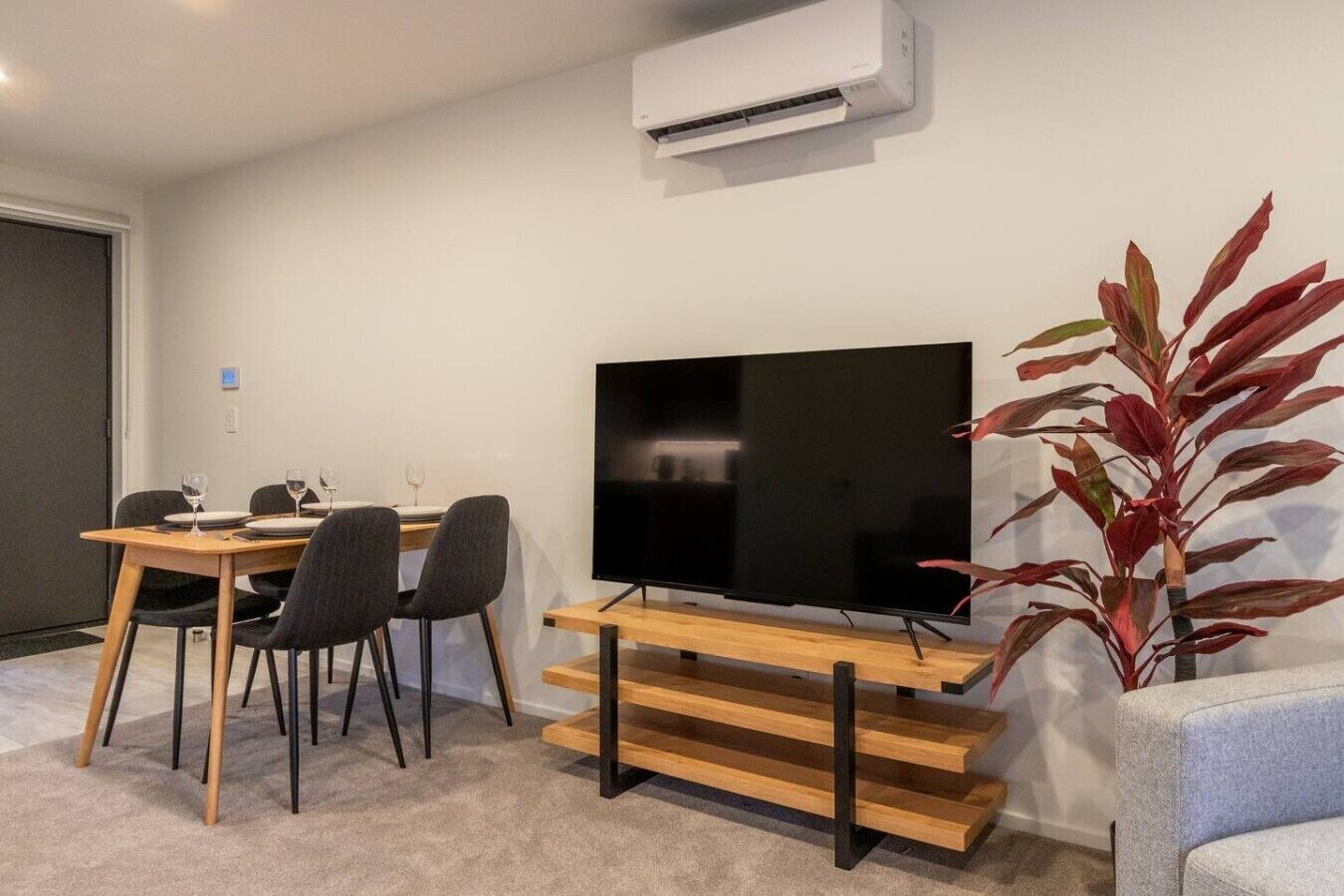A modern living room with a flat-screen TV on a wooden stand, a dining table with chairs, and a large potted plant.