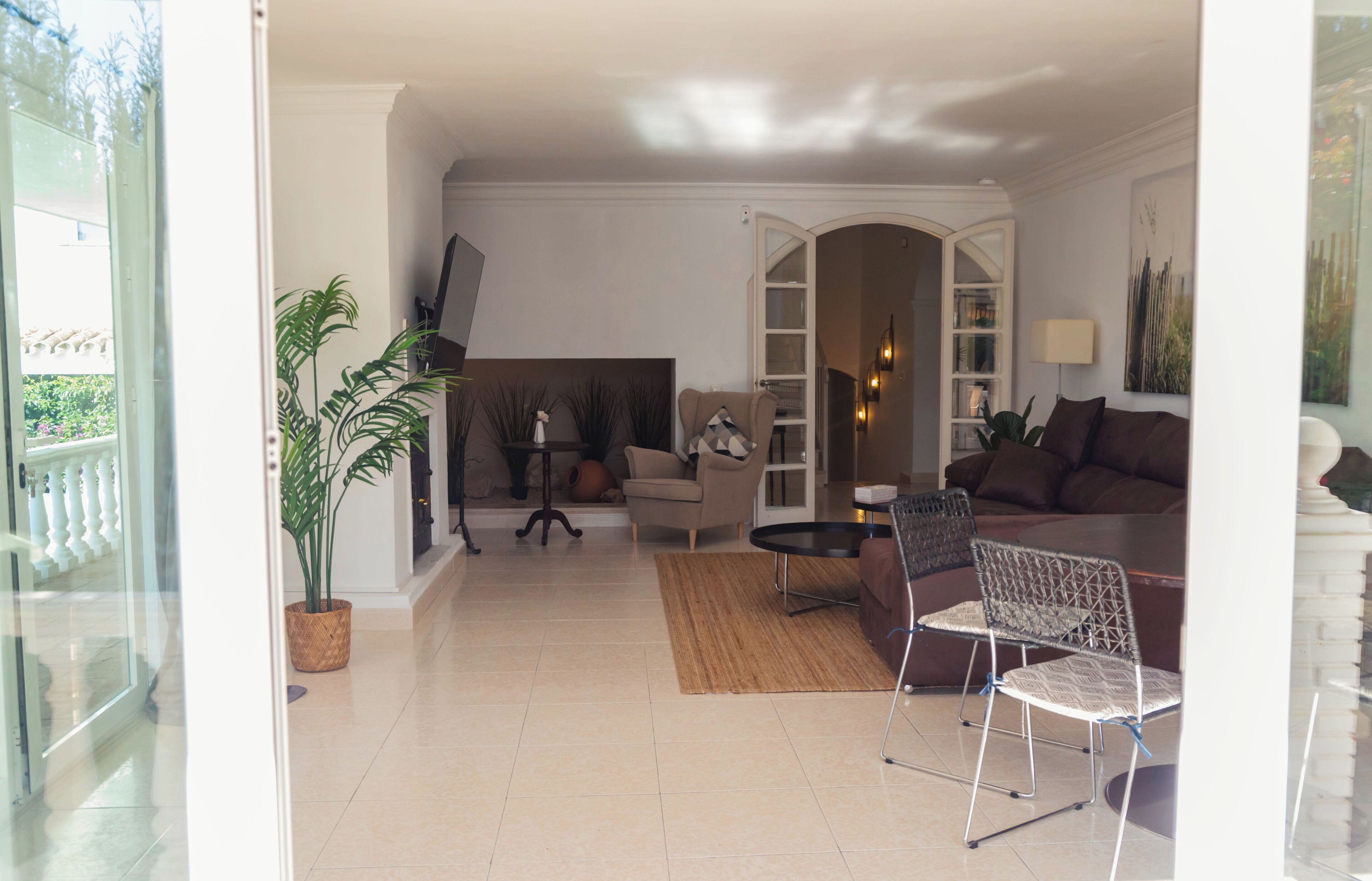 Ein Wohnzimmer mit Sofa, Sessel, Couchtisch und einem Blumentopf.