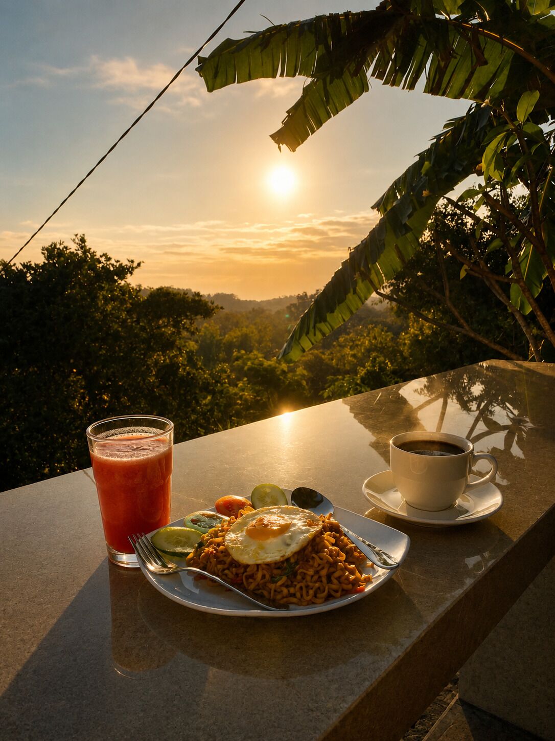 A table with a meal, a drink, and a view of the sunset.