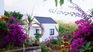 A white building with a dark roof, surrounded by lush greenery and vibrant pink flowers. - Penida Cabins (Penida Island)